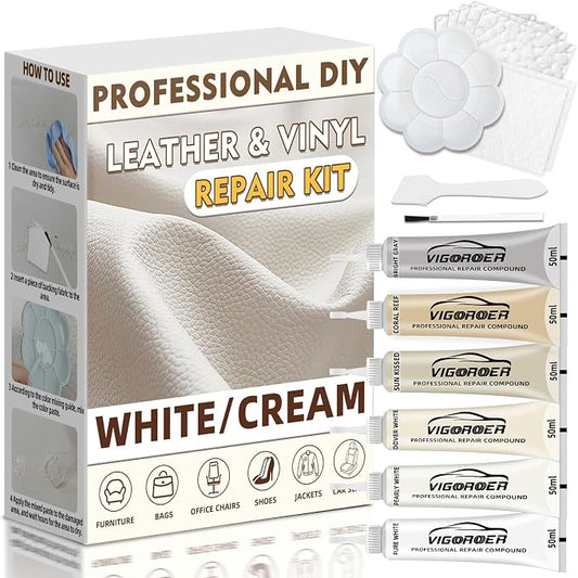 Vigorder Cream Leather Repair Kit for Furniture, Vinyl Repair Kit for Car Interior, Sofa, Purse and Jacket, Restore Any Material with Super Easy Instructions to Fix Scratches, Tears, Holes, Peeling