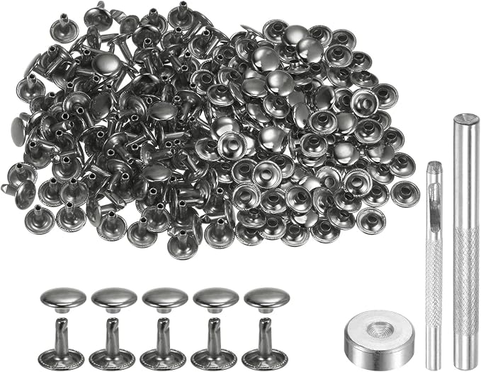 HARFINGTON 100 Sets Leather Rivets 10 x 10mm Metal Double Cap Rivet Snaps Studs Fasteners with 3pcs Setting Tools Rivets for Leather Craft DIY Repair Decoration, Gunmetal