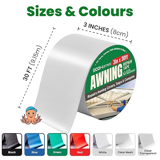 Awning Covers & Tarp Repair Tape - Waterproof Self Adhesive Patch Repair Kit | Patch Tapes for Awnings, Outdoor Canopies, Patio Window Awnings, Gazebos, Tents, RV, Canvas, Boat Covers (Transparent 3")