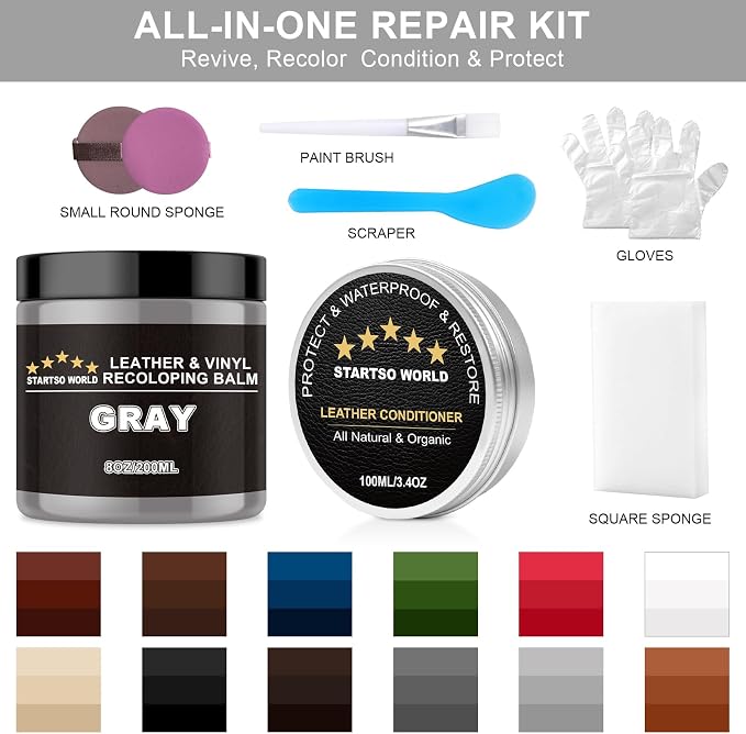 STARTSO WORLD 200Ml Leather Recoloring Balm with 100ML Leather Conditioner, Gray Leather Repair Kit for Furniture, Leather Dye, Leather Scratch Repair, Leather Couch Paint