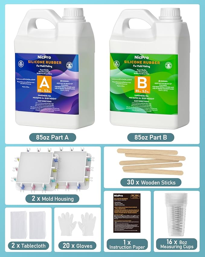 Nicpro 170oz Silicone Mold Making Kit 15A, Translucent Silicones Rubber, Non-Toxic Flexible & Food Safe Mold Kit, Mix Ratio 1:1 Casting Silicone for Resin with Frame Housing
