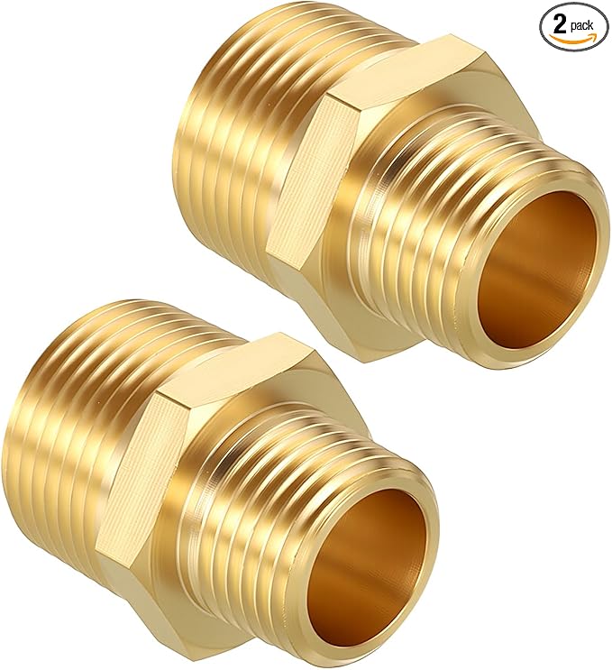 Pack of 2, 3/4" NPT Male to 1/2" NPT Male Solid Brass Hex Nipple Hose Connectors, Male Pipe Adapter for Pipe Leak Repair, Bathroom Remodeling, Tool Extensions, Compression