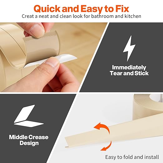 Dstorelhp 2 Rolls Beige Caulk Tape Waterproof Self Adhesive, Decorative Caulking Tape for Kitchen, Countertop, Bathroom, Sink, Bathtub, Toilet, Shower (1.5" x 10.5Ft)