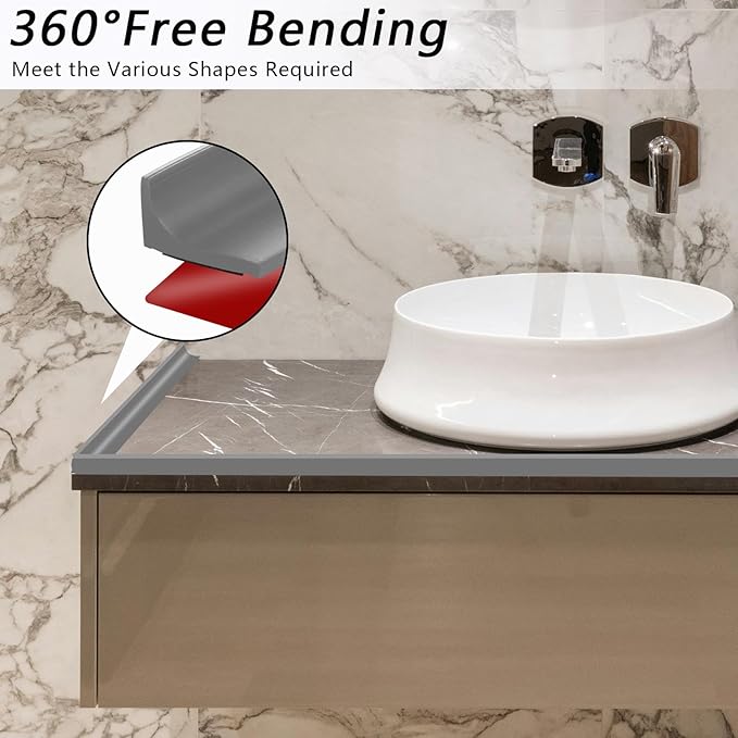 39 Inch Shower Threshold Water Dam, Silicone Barrier Shower Door Bottom Seal Strip, Self Adhesive Waterproof Barrier, for Kitchen Countertop Sink, Cooktop, Bathroom（Grey）