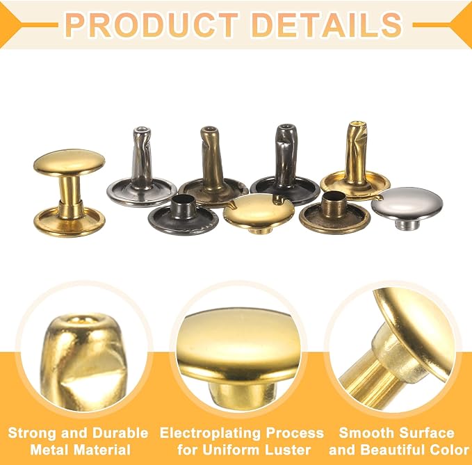 uxcell 120Set Leather Rivets, 7mm Double Cap Rivet Tubular Metal Studs Repairs Decoration Craft Accessories for Repair Decorate Leather Craft Belt Bag Shoes Purse Belts, 4 Color