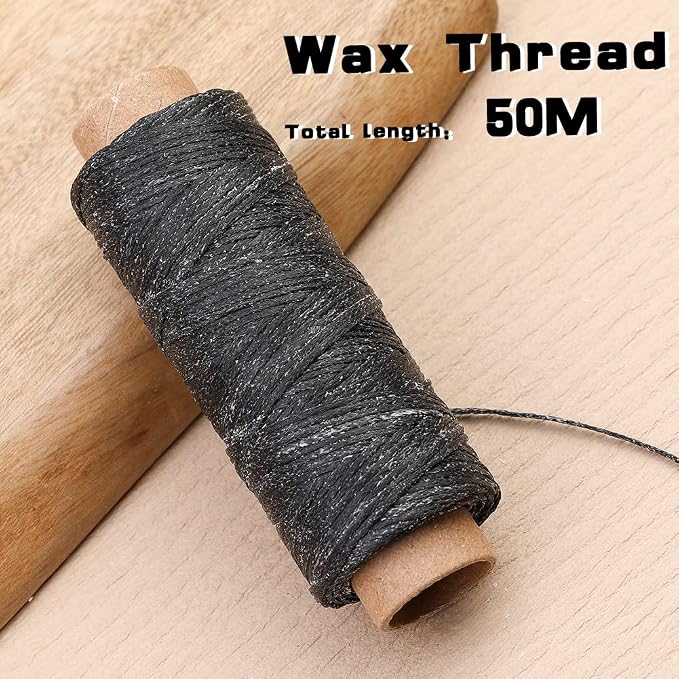 Ftyiwu Black Waxed Thread 55 Yards, Leather Sewing Waxed Thread with Upholstery Needles Hand Sewing Needles for Home Upholstery Carpet Leather Canvas Repair and Sewing