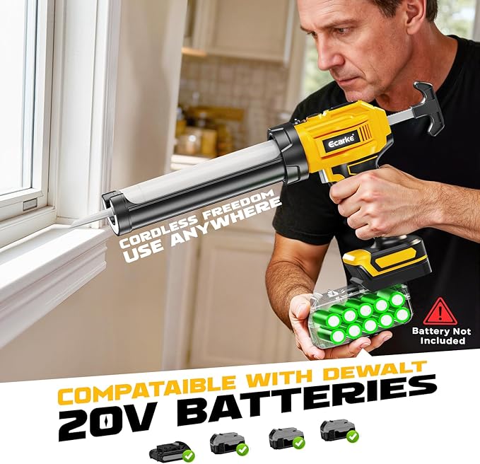 Cordless Caulking Gun Compatible with DeWalt 20V Battery (Tool Only), 10oz Electric Caulking Gun with Adjustable Speed, 9Pcs Caulk Remover Tool, Ecarke Cordless Silicone Gun for Filling, Sealing