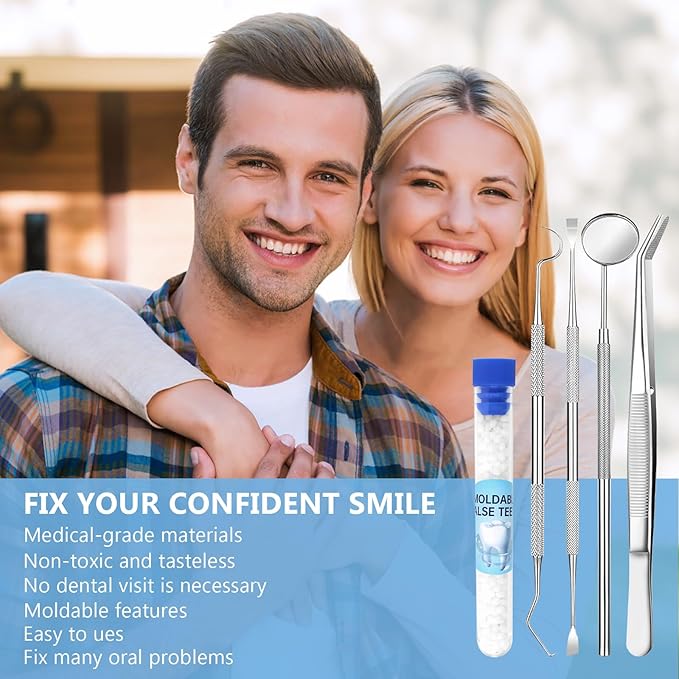 Tooth Repair Kit, Moldable False Teeth, Tooth Replacement Missing Teeth, Teeth Filling Kit Permanent with 4 Dental Tool, Tooth Repair Kit for Broken Teeth, Temporary Tooth Filling Kit, Moldable Teeth