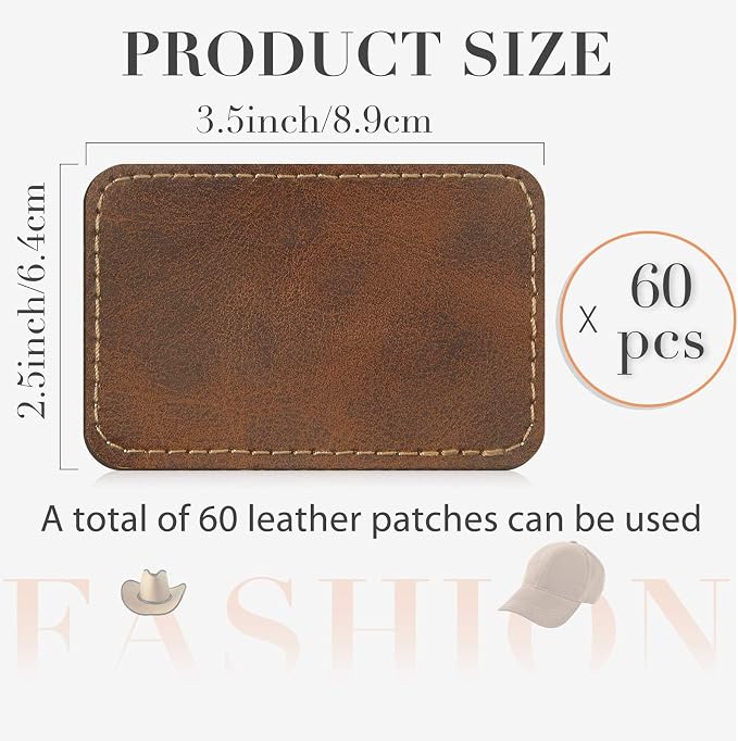 Dunzy 60 Pcs Leather Hat Patches Blank Leatherette Hat Patch with Adhesive Rectangle Laserable Leatherette Patch for Hats Custom Fabric Sew Laser Engraving DIY(Antique Gold,3.5 x 2.5 Inch)