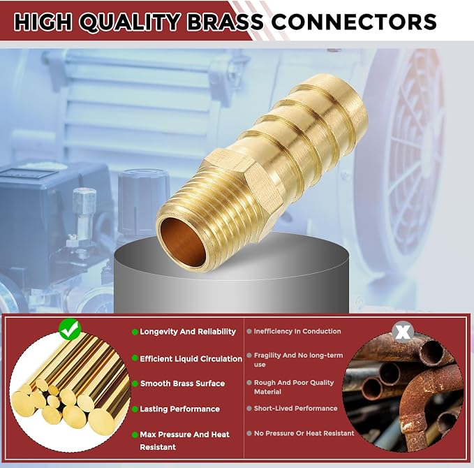 Pack of 8 Brass Hose Barb Fittings Adapter Connector 1/2" Hose Barb to 1/4" NPT Male Fittings for Home Machines, Massage Bathtubs, and Irrigation Systems