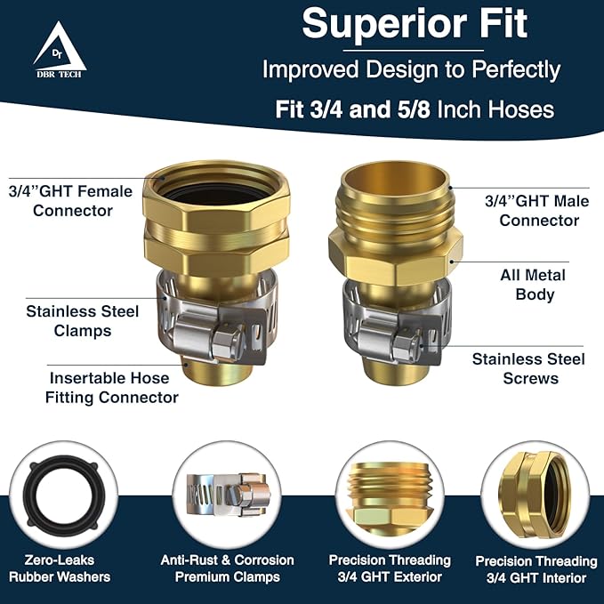 DBR Tech® Garden Hose Repair Kit 5/8” & 3/4" | Heavy Duty Leak-Proof Metal Hose Mender & Connector Set | Male & Female Fittings to Fix Water Hose Ends and Replacement, 2 Set