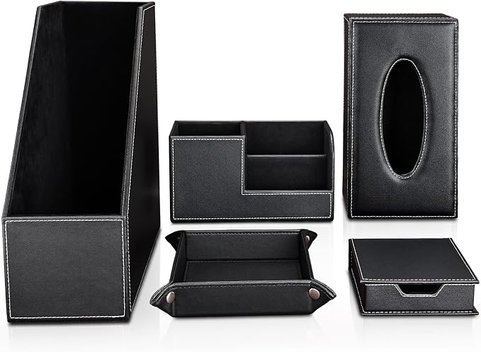 KINGFOM 5 PCS/SET Pu Leather Desk Organizer File Holder Accessories, Magazine Storage Rack+Desktop Pen&Pencil Holder+Tissue Box Cover+Leather Jewelry Accessories Tray