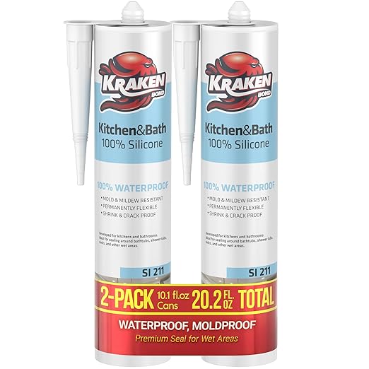Kraken Bond Premium Kitchen and Bathroom Silicone Caulk Clear - (2x10.1 fl.oz) RTV Clear Silicone Sealant Waterproof for Kitchen, Bathroom, Shower, Sink, Anti Shrink 100% Silicone Caulking | 2 Pack