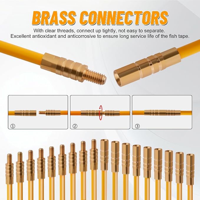KOOTANS 11FT Fiberglass Running Electrical Wire Cable Glow Rods Wire Pulling Tools Fish Tape Cable Puller Through Wall Snake Fish Rods Kit with Different Attachments