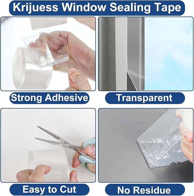 2 Rolls Window Seal Strip, 2 Inch x 33 FT Air Conditioner Window Seal Residue, Clear and Waterproof Weather Stripping Tape for Doors Windows and Shower Glass Gaps Bathroom