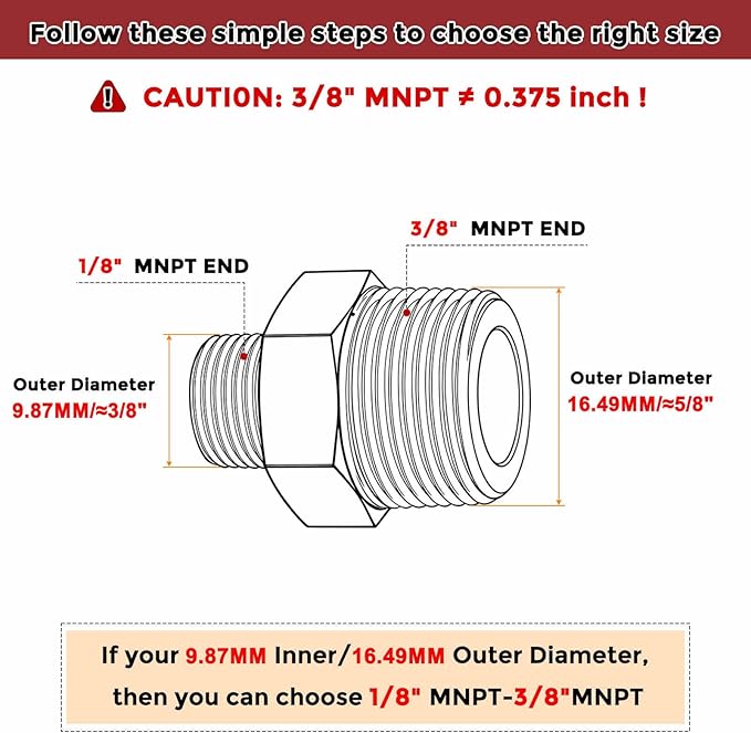 Pack of 2, 3/8" MNPT To 1/8" MNPT Solid Brass Hex Nipple Hose Connectors, Male Pipe Adapter for Pipe Leak Repair, Bathroom Remodeling, Tool Extension, Compression