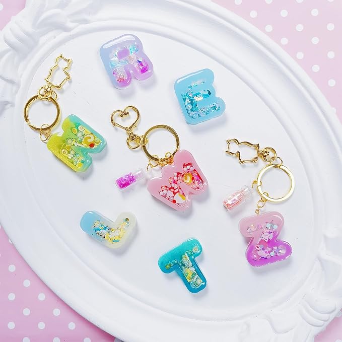 FUNSHOWCASE Alphabet Resin Shaker Molds Kawaii Keychain Charm Set Pack of 58 Silicone Trays Seal Films Precision Tip Applicator Bottle Kit Bundle