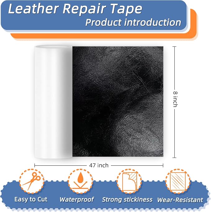 8x47 Inch Leather Repair Tape,Self Adhesive Leather Patches for Furniture,Vinyl Repair Kit for Couches,Bed,Car Seats,Chair (Black)