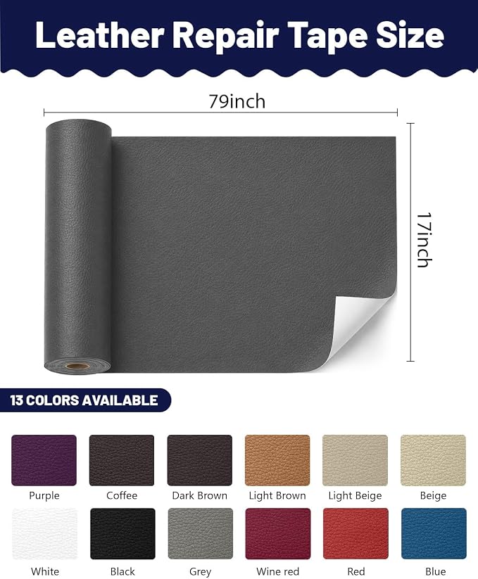 BOUYEER Leather Repair Patch Tape Kit,Self Adhesive Leather Repair for Sofa，Car Seat,Office Chair,Furniture,Jacket,Waterproof Strong Adhesive Vinyl Repair Kit. 17 in x 79 in,Dark Grey