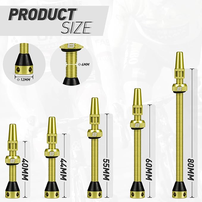BWSHLF Tubeless Presta Valve Stem 40/44/55/60/65/80/100 mm, Super Light Alloy Presta Valve Stem Kit with Valve Core Remover Tool and Valve Stem Caps - Multiple Color and Size Options(Pair)