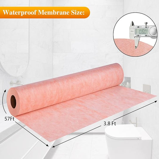 3.8 ftx57 ft Waterproof Membrane for Shower,Waterproofing Shower Membrane for Sauna Bathroom Kitchen Wall Tile Floor Underlayment,Tile Underlayment Seam Tape Uncoupling Band,23.6 Mils Thick,216 Sq Ft