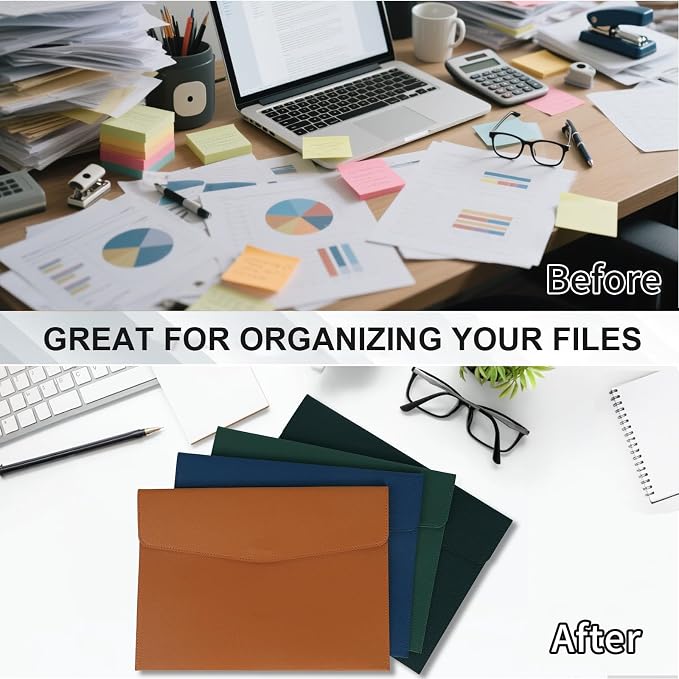 MultiBey PU Leather A4 Document Holder File Organizer with Snap Closure, Waterproof/Water‑Resistant A4 & Letter Size Envelope Folder 13 x 9.5 in - Holds up to 100 Sheets (Brown)