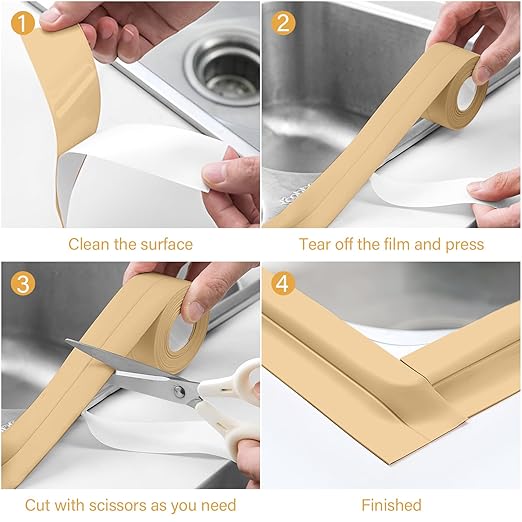 3 Rolls 1.5 Inch Caulk Tape Self Adhesive Toilet Caulking Strip Bathroom Sealing Caulk Strip Peel and Stick Bathtub Caulking Tape, 10.5 Feet Each Roll (Almond)