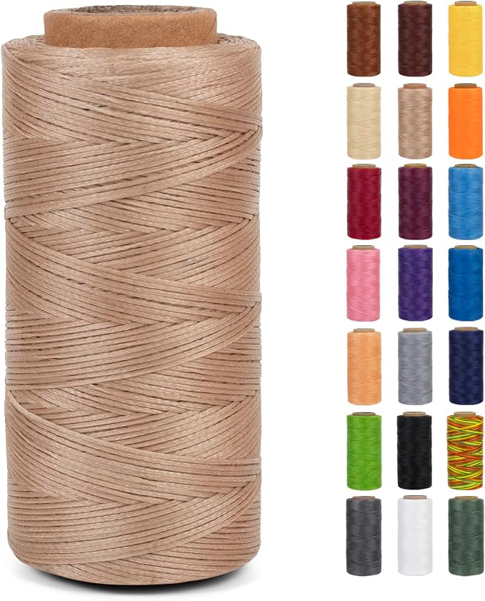 0.8mm Waxed Thread for Leather Sewing, 284 Yards, 150D Flat Wax String, Waxed Cord for Bracelet Making, Bookbinding, Shoe Repairing, Leather Projects, DIY Crafts (Light Khaki)