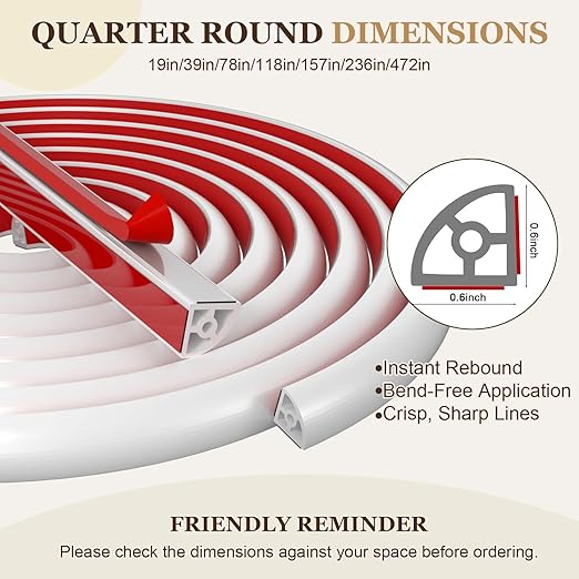 Flexible Quarter Round Molding (19 Inch) - Waterproof Self-Adhesive Silicone Trim for Floor Gaps & Bathtubs, Easy No-Tool Installation, Paint-Free Gap Cover