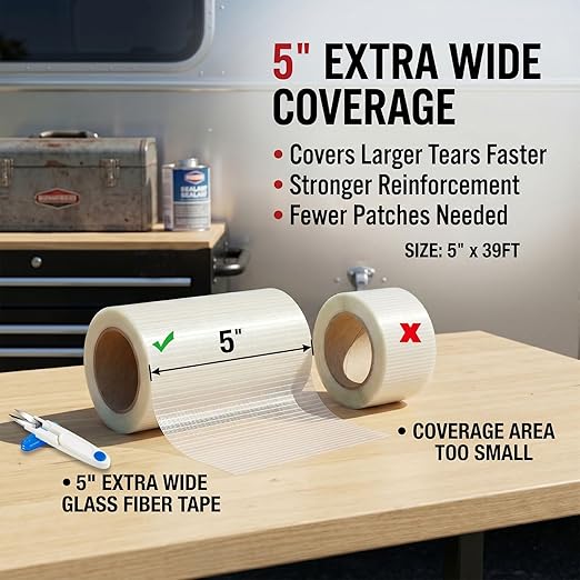 RV Awning Repair Tape, 5" x 39FT Heavy Duty Waterproof Fabric Repair Tape for Camper, Tent, Tarp & Boat Covers, UV Resistant Canvas Patch Tape for Outdoor Tear Repair