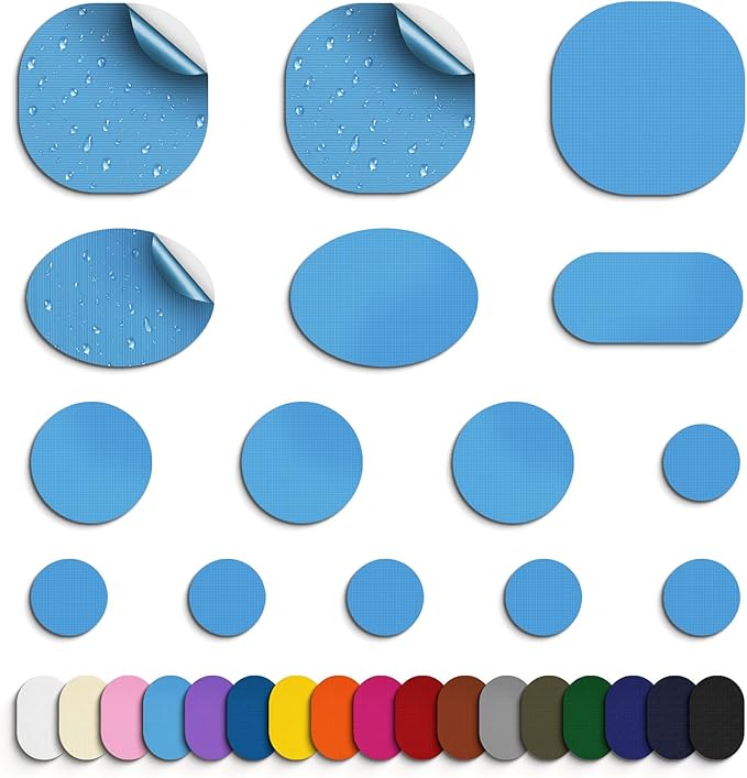 Self-Adhesive Nylon Patches Tent Repair Kit – Outdoor Gear Tenacious Repair Tape, Waterproof Fabric Patches for Clothes, Tent, Down Jacket, Backpack (45pcs, Light Blue