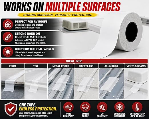 Trazon RV Roof Seal Tape 4 Inch x 55 Ft White - Professional Grade Butyl Sealant for RVs, Campers, Motorhomes, Trailers - Waterproof, UV Resistant, Easy DIY Leak Repair for Roofs, Vents, Windows