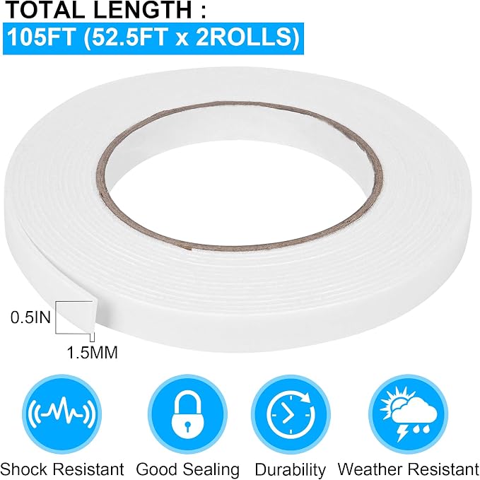 Double Sided Foam Tape 0.5In x 52.5FT 2 Pack, Mounting Tape Heavy Duty, Strong Adhesive Weatherproof Seal Strips for DIY Craft Picture Poster, Car & Gap Filling Mountings, Home Office Decor (White)