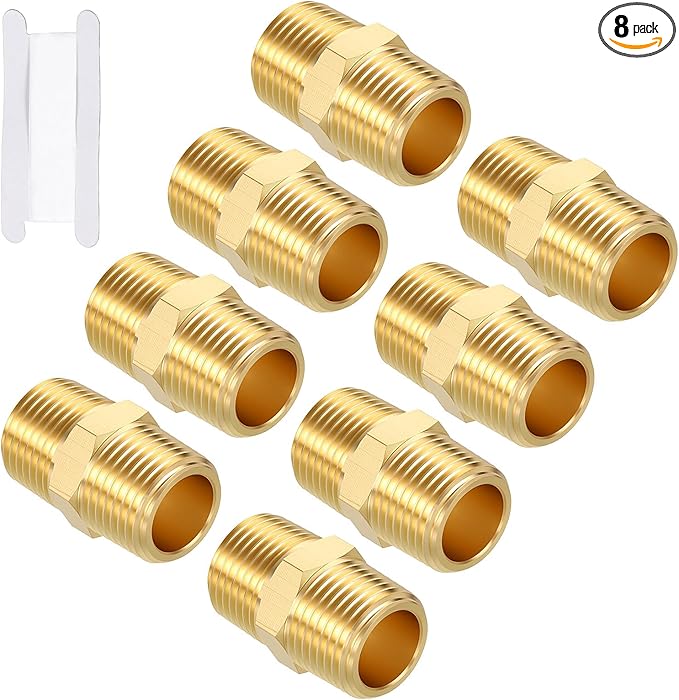 Packs of 8, 3/8" MNPT to 3/8" MNPT Solid Brass Hex Nipple Hose Connectors W/Sealing Tape, Male Pipe Adapter for Pipe Leak Repair, Bathroom Remodeling, Tool Extensions, Compression