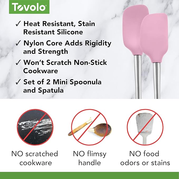 Tovolo Flex Core Silicone Spatula Spoonula Set of 2 for Non Stick Cast Iron Cooking & Baking, Dishwasher Safe Heat Resistant BPA Free Long Stainless Steel Handle Kitchen Utensil, Pink Sorbet
