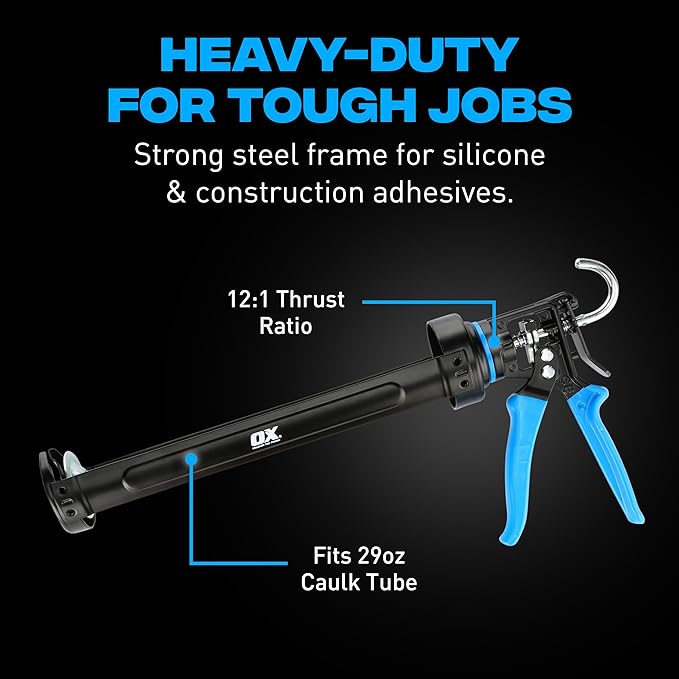 OX Pro 29oz Caulking Gun - Heavy Duty Steel Frame Large Caulk Gun 29 oz with 12:1 Thrust Ratio for Latex and Silicone