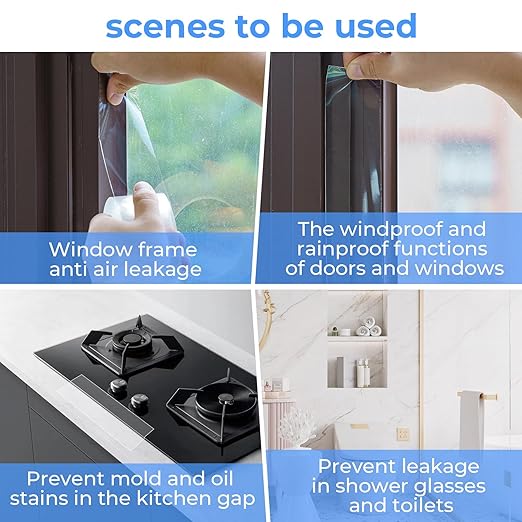 Transparent Window Weather Sealing Tape，Weather Stripping Residue-Free Clear Window Insulation Caulk Tape for Doors Windows and Shower Glass Gaps Bathroom，Weather Stripping Door Seal(2IN x 33FT)