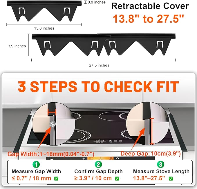 Stove Gap Covers for Electric, Oven Side Guards 2pcs, Gas Range Crack Strip, Stainless Steel Space Filler Between Stove & Counter Top, Crumb Catcher-Adjustable Len. 13.8" to 27.5", Fit 18",22",25" etc