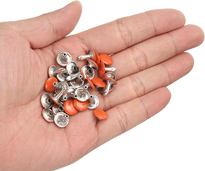 HARFINGTON 100 Sets Double Cap Leather Rivets, 10x10mm Round Cap Tubular Metal Studs Leather Crafting Rivets for Fabric Belt Pet Collar Boot Bag Repair and Decoration, Orange