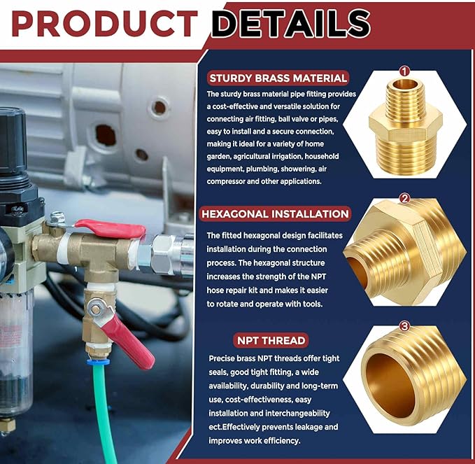 Pack of 6, 3/4" MNPT To 1/2" MNPT Solid Brass Hex Nipple Hose Connectors, Male Pipe Adapter for Pipe Leak Repair, Bathroom Remodeling, Tool Extension, Compression