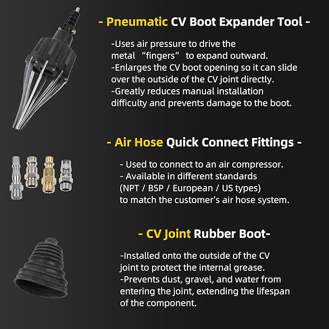 Dasbecan Universal Pneumatic CV Boot Expander Tool, CV Axle Boot Installation Tool, CV Joint Boot Spreader Removal Tool Kit Compatible with BMW UTV ATV (Black)