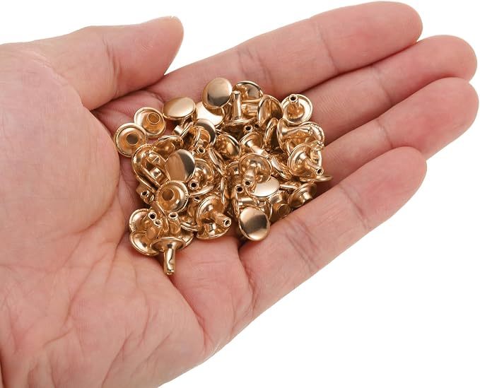 HARFINGTON 100 Sets Double Cap Leather Rivets, 9x8mm Round Cap Tubular Metal Studs Leather Crafting Rivets for Fabric Belt Pet Collar Boot Bag Repair and Decoration, Light Gold