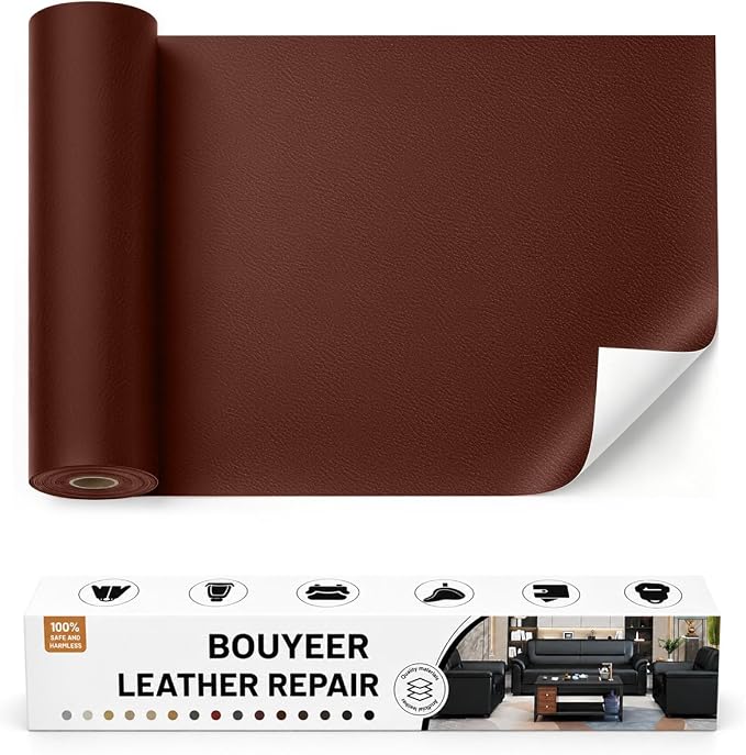 BOUYEER Leather Repair Patch Tape Kit,Self Adhesive Leather Repair for Sofa，Car Seat,Office Chair,Furniture,Jacket,Waterproof Strong Adhesive Vinyl Repair Kit. 17 in x 79 in,Fine Grained Brown