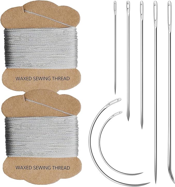 Upholstery Repair Kit: Extra Strong Waxed Sewing Thread 2Rolls (Gray Color) &Heavy Duty Household Hand Needles (7 PCS) for Leather, Canvas, Bookbinding & Quilting Thread