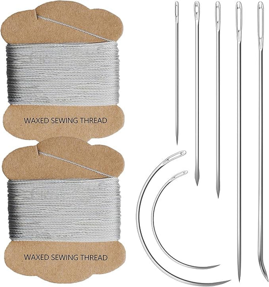 Upholstery Repair Kit: Extra Strong Waxed Sewing Thread 2Rolls (Gray Color) &Heavy Duty Household Hand Needles (7 PCS) for Leather, Canvas, Bookbinding & Quilting Thread