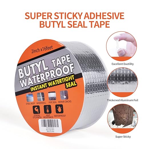 TAPEBEAR Butyl Tape Waterproof Sealing Tape Aluminum Foil Tape, for RV Repair, Window, Silicone, Glass & EDPM Roof Leak Patching, Boat and Pipe Sealing, Silver, 2inch x16feet,20rolls