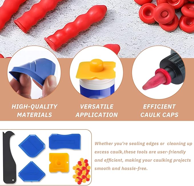 5 pcs Caulk Tool Kit and 40 pcs Caulk Cap, VEINARDYL Silicone Sealant Finishing Tool Grout Scraper Caulk Removal Tool for Floor Sink Joint, Caulk Saver Cap Caulk Tube Sealer Caps for Sealing