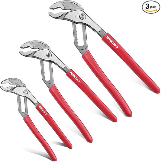 Arrow 3-Piece V-Jaw Groove Joint Pliers Set (8", 10", 12"), Quick Adjustable Water Pump Pliers with 18 Positions, CR-V Steel, for Plumbing, Automotive, Mechanical Repair and Household Use