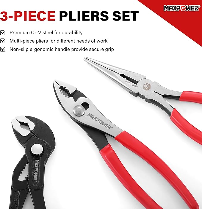 MAXPOWER 3-Piece Pliers Set, 10" Water Pump Pliers, 8" Slip Joint Plier, 8" Long Needle Nose, Adjustable Grip Tools for Repair, Home, and Workshop Use