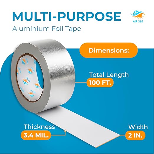 Air 360 Aluminum Foil Tape 2 Inch x 100 FT - HVAC Foil Tape for Ductwork, Dryer Vent, AC & Pipe Insulation - Heavy Duty High Temp Heat Resistant Metal Duct Tape, Waterproof Aluminum HVAC Tape